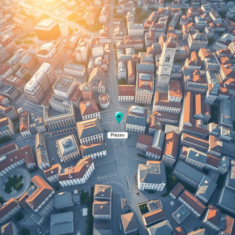 Mapová ilustrace centra Plzně s mátovým bodem označujícím Riegrovu ulici